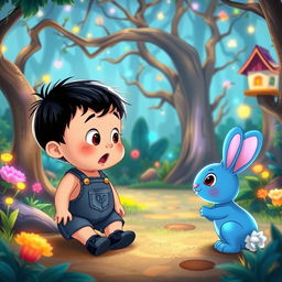 A cartoon depiction of a 10-month-old baby boy in a short denim jumper, with thick black hair and small black shoes, set in a whimsical enchanted forest