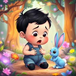 A cartoon depiction of a 10-month-old baby boy in a short denim jumper, with thick black hair and small black shoes, set in a whimsical enchanted forest