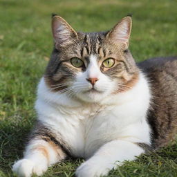 A well-groomed, adult domestic cat lounging comfortably in a sunny patch of grass with a playful sparkle in its eyes