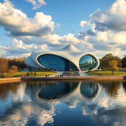 A bionic and fantastically designed building shaped like a map of Ukraine, situated in a park on the shore of a picturesque lake