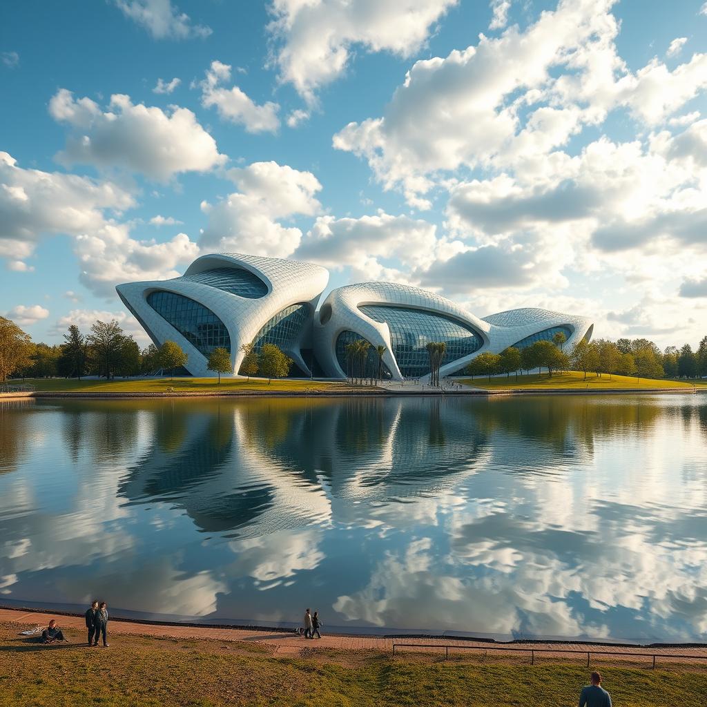 A bionic and fantastically designed building shaped like a map of Ukraine, situated in a park on the shore of a picturesque lake