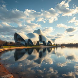 A bionic and fantastically designed building shaped like a map of Ukraine, situated in a park on the shore of a picturesque lake