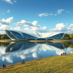 A bionic and fantastically designed building shaped like a map of Ukraine, situated in a park on the shore of a picturesque lake