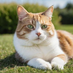 A well-groomed, adult domestic cat lounging comfortably in a sunny patch of grass with a playful sparkle in its eyes