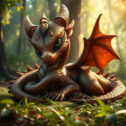 A young bronze dragon with shimmering scales, lying down in a forest clearing, nursing its injured wing