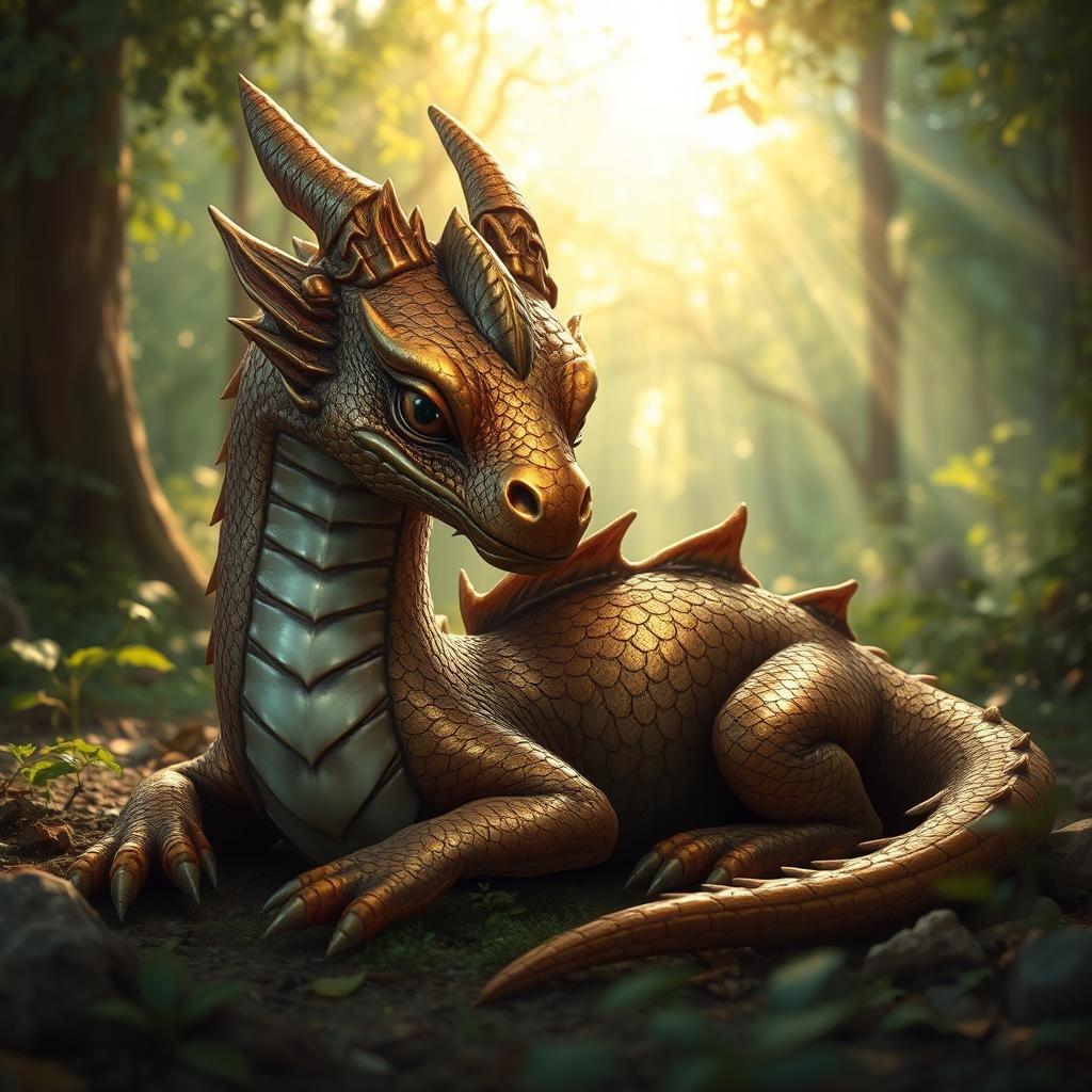 A young bronze dragon with shimmering scales, lying down in a forest clearing, nursing its injured wing