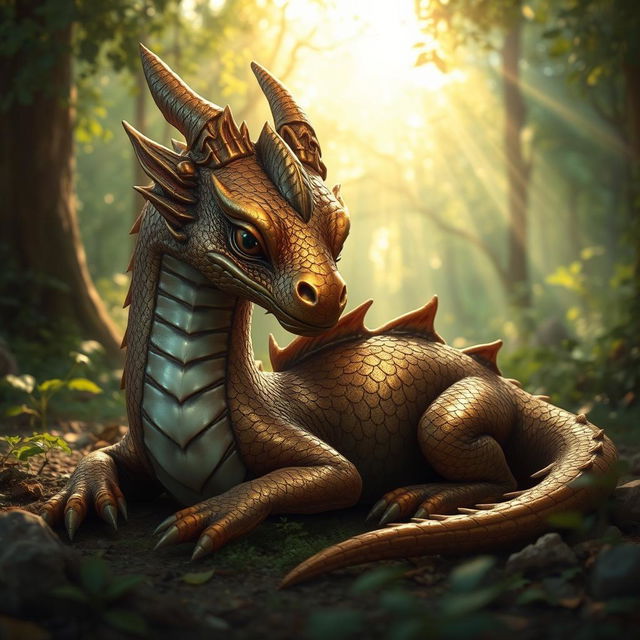 A young bronze dragon with shimmering scales, lying down in a forest clearing, nursing its injured wing