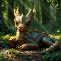 A young bronze dragon with shimmering scales, lying down in a forest clearing, nursing its injured wing