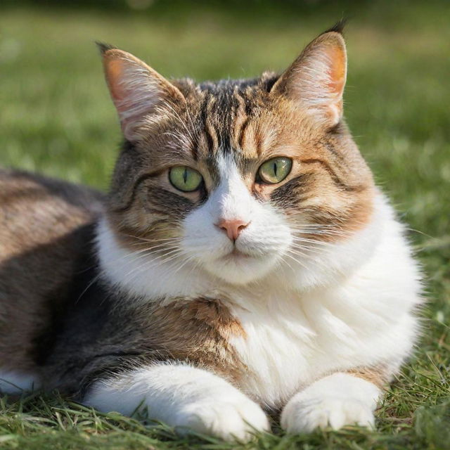 A well-groomed, adult domestic cat lounging comfortably in a sunny patch of grass with a playful sparkle in its eyes