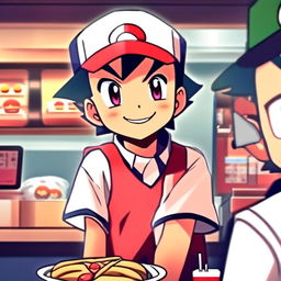 Anime profile picture of Ash Ketchum as a fast food worker, wearing a uniform and serving food with a smile.