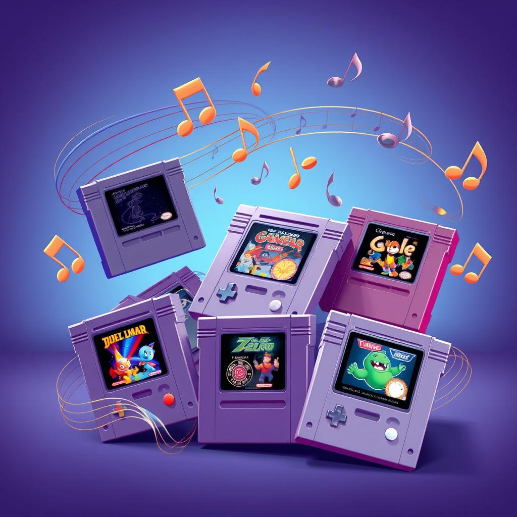 A collection of retro game cartridges surrounded by flowing musical notes, creating a harmonious and nostalgic atmosphere