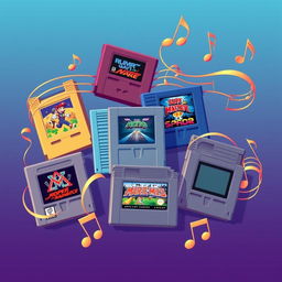 A collection of retro game cartridges surrounded by flowing musical notes, creating a harmonious and nostalgic atmosphere