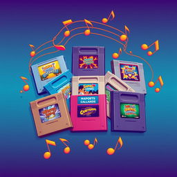 A collection of retro game cartridges surrounded by flowing musical notes, creating a harmonious and nostalgic atmosphere