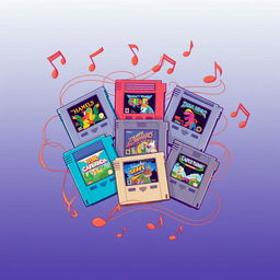 A collection of retro game cartridges surrounded by flowing musical notes, creating a harmonious and nostalgic atmosphere