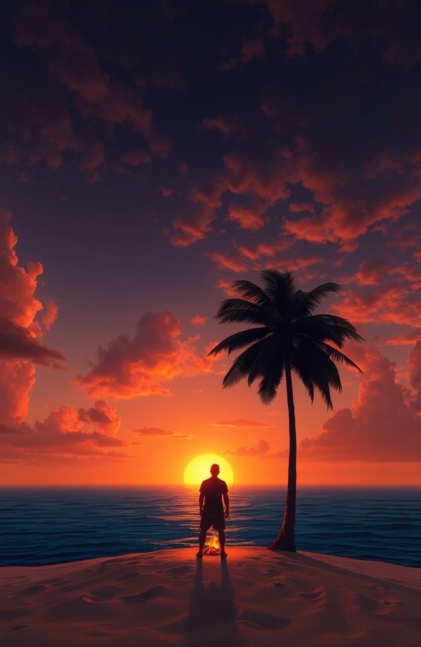 A solitary figure standing on a deserted island, a vast expanse of ocean surrounding them