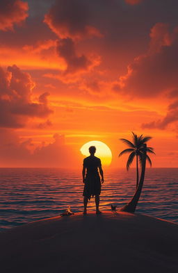 A solitary figure standing on a deserted island, a vast expanse of ocean surrounding them