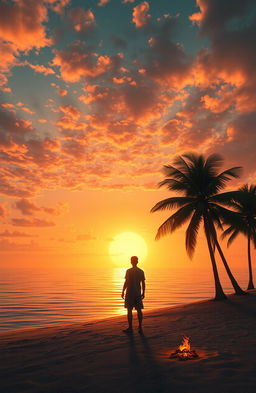 A solitary figure standing on a deserted island, a vast expanse of ocean surrounding them