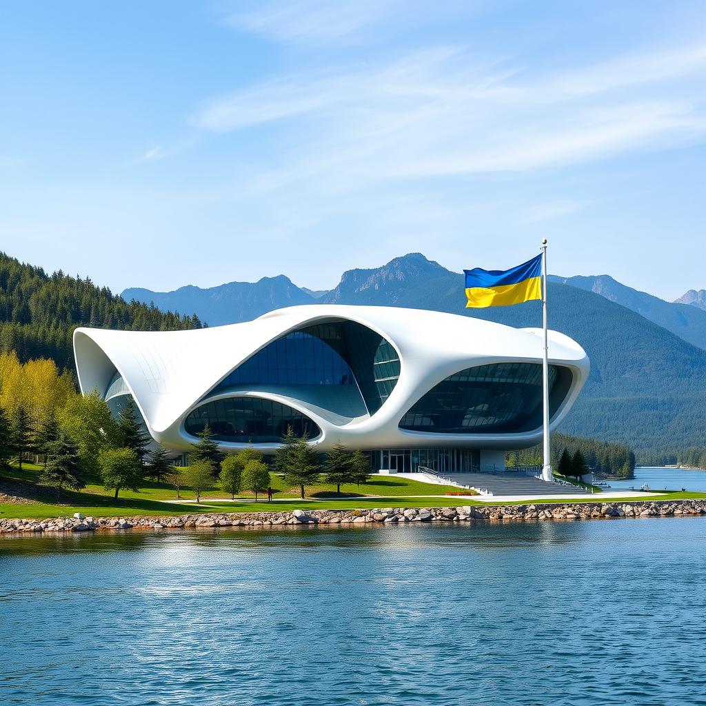 A modern building shaped like a map of Ukraine, with easily recognizable contours, exhibiting a futuristic design reminiscent of science fiction films