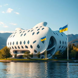 A modern building shaped like a map of Ukraine, with easily recognizable contours, exhibiting a futuristic design reminiscent of science fiction films