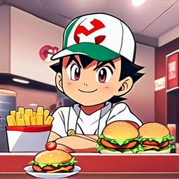 Anime profile picture of Ash Ketchum as a fast food worker, wearing a uniform and serving food with a smile.