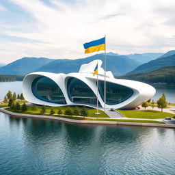 A modern building shaped like a map of Ukraine, with easily recognizable contours, exhibiting a futuristic design reminiscent of science fiction films