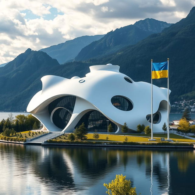 A modern building shaped like a map of Ukraine, with easily recognizable contours, exhibiting a futuristic design reminiscent of science fiction films