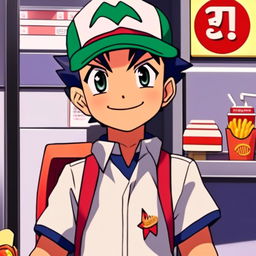 Anime profile picture of Ash Ketchum as a fast food worker, wearing a uniform and serving food with a smile.