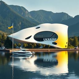 A modern futuristic building shaped like a map of Ukraine, with clear contours easily recognizable by humans, resembling designs from science fiction films