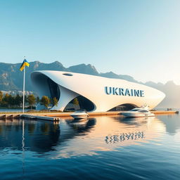 A modern futuristic building shaped like a map of Ukraine, with clear contours easily recognizable by humans, resembling designs from science fiction films