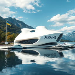 A modern futuristic building shaped like a map of Ukraine, with clear contours easily recognizable by humans, resembling designs from science fiction films