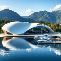 A modern futuristic building shaped like a map of Ukraine, with clear contours easily recognizable by humans, resembling designs from science fiction films