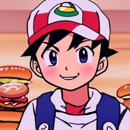 Anime profile picture of Ash Ketchum as a fast food worker, wearing a uniform and serving food with a smile.