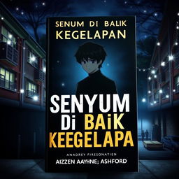 A book cover titled "Senyum di Balik Kegelapan" set in a nighttime campus with sparkling lights, creating a mysterious atmosphere