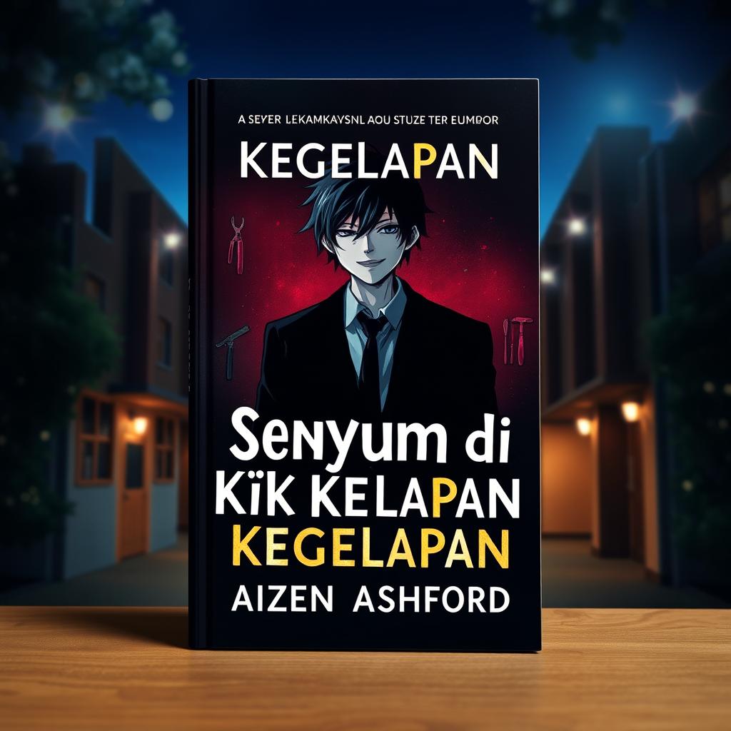 A book cover titled "Senyum di Balik Kegelapan" set in a nighttime campus with sparkling lights, creating a mysterious atmosphere