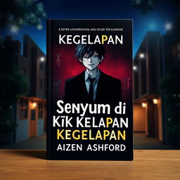 A book cover titled "Senyum di Balik Kegelapan" set in a nighttime campus with sparkling lights, creating a mysterious atmosphere