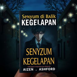 A book cover titled "Senyum di Balik Kegelapan" set in a nighttime campus with sparkling lights, creating a mysterious atmosphere