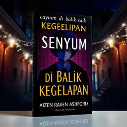 A book cover titled "Senyum di Balik Kegelapan" set in a nighttime campus with sparkling lights, creating a mysterious atmosphere