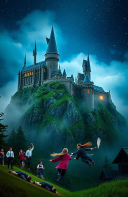 An enchanting scene in the wizarding world of Harry Potter, featuring the majestic Hogwarts Castle perched atop a cliff, surrounded by a thick mist