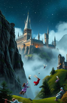 An enchanting scene in the wizarding world of Harry Potter, featuring the majestic Hogwarts Castle perched atop a cliff, surrounded by a thick mist