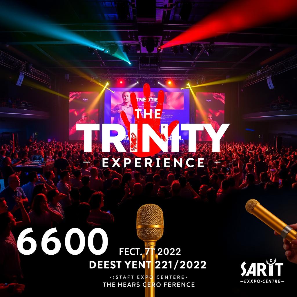 A vibrant event scene capturing "The Trinity Experience", featuring a large-scale gathering with 6,000 people