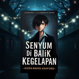 A book cover titled "Senyum di Balik Kegelapan" set in a nighttime campus with sparkling lights, creating a mysterious atmosphere