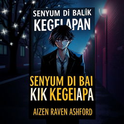 A book cover titled "Senyum di Balik Kegelapan" set in a nighttime campus with sparkling lights, creating a mysterious atmosphere