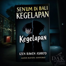 A book cover titled "Senyum di Balik Kegelapan" set in a nighttime campus with sparkling lights, creating a mysterious atmosphere