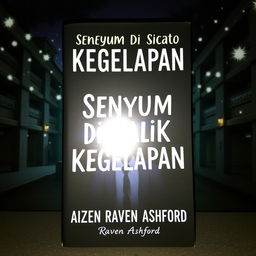 A book cover titled "Senyum di Balik Kegelapan" set in a nighttime campus with sparkling lights, creating a mysterious atmosphere