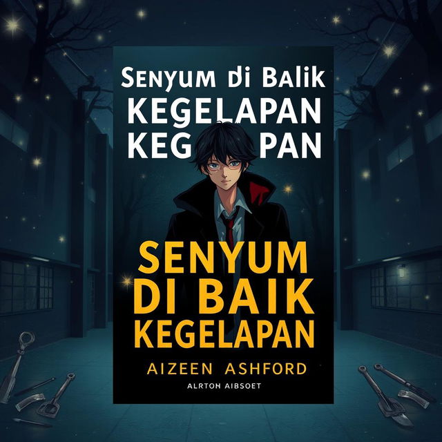 A book cover titled "Senyum di Balik Kegelapan" set in a nighttime campus with sparkling lights, creating a mysterious atmosphere