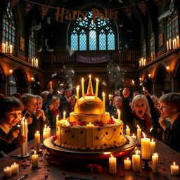 A joyous Harry Potter-themed birthday scene set within the magical confines of the Hogwarts Great Hall