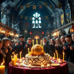 A joyous Harry Potter-themed birthday scene set within the magical confines of the Hogwarts Great Hall