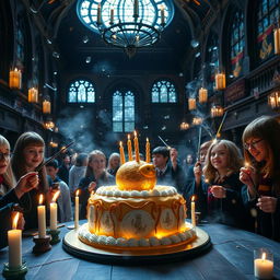 A joyous Harry Potter-themed birthday scene set within the magical confines of the Hogwarts Great Hall