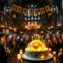 A joyous Harry Potter-themed birthday scene set within the magical confines of the Hogwarts Great Hall