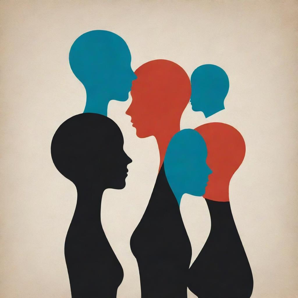 Design a striking poster showcasing the concept of intersubjectivity. Focus on expressive human silhouettes interacting, with creative symbolic representations of shared ideas, consciousness and thoughts interlinking them.